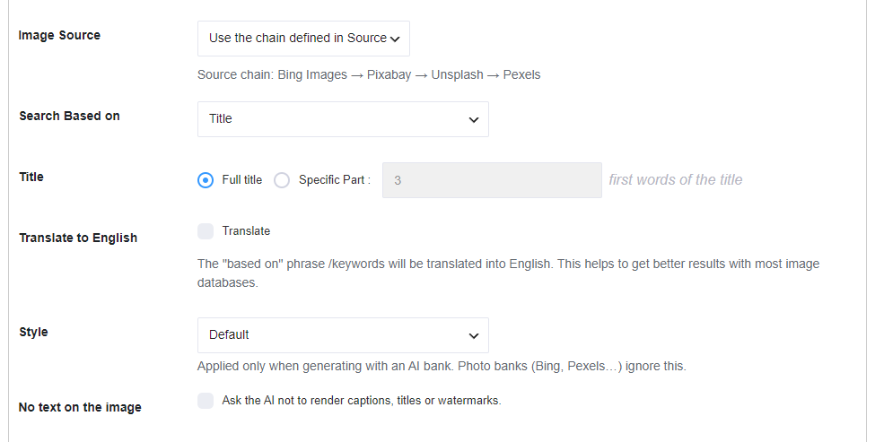 Image Placement — Image Source, Search Based on, Style and No text on the image