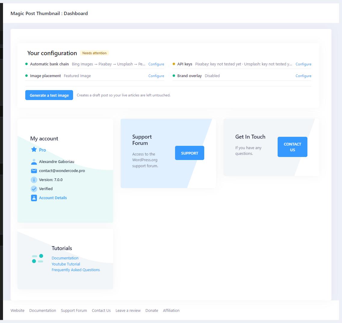 Magic Post Thumbnail Dashboard with Your configuration and account cards