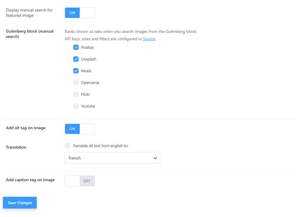 Gutenberg Block settings — Display manual search switch and sortable photo-bank list