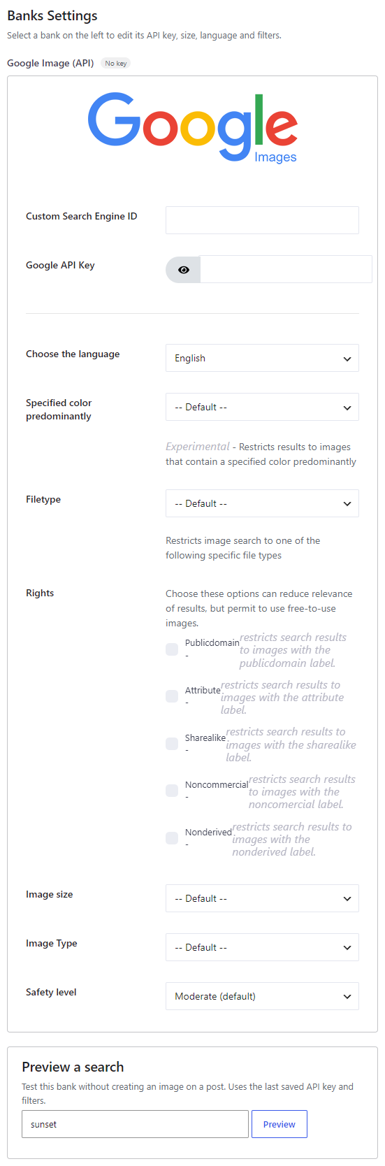 Google Image (API) bank settings