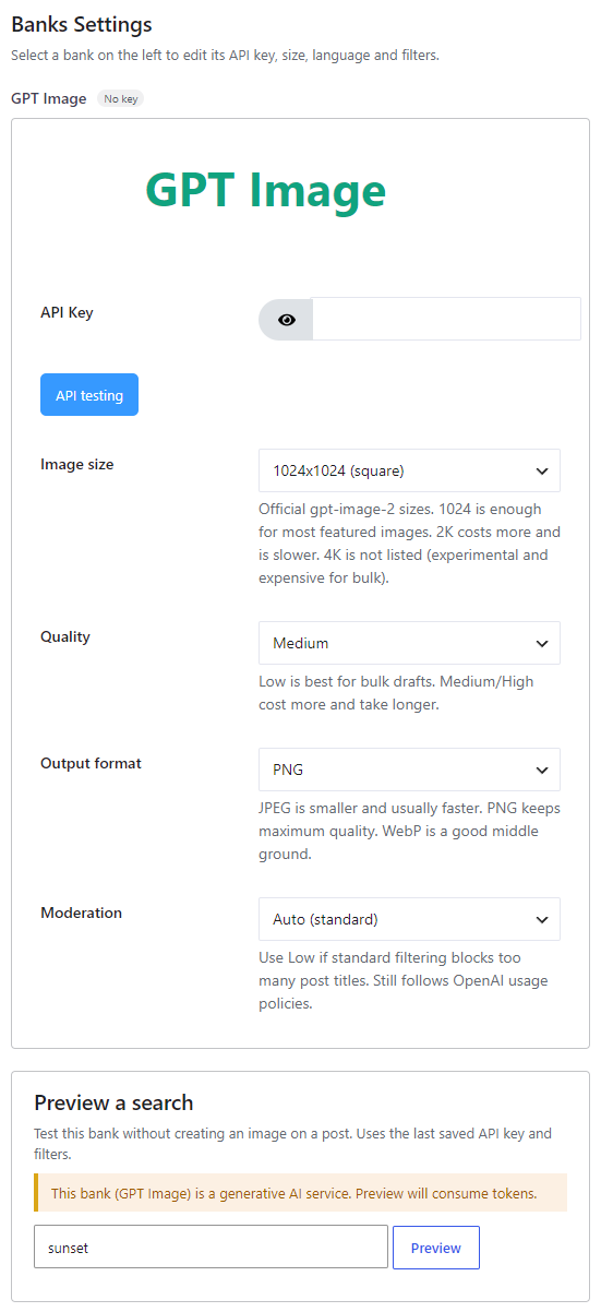 GPT Image settings — API key, size, quality, output format and moderation