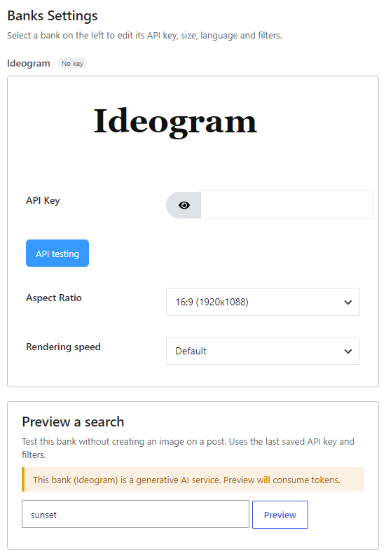 Ideogram (Pro) bank settings — API key, aspect ratio, rendering speed