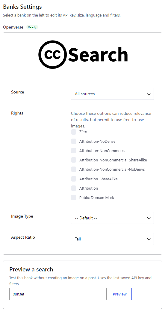 Openverse / Creative Commons bank settings