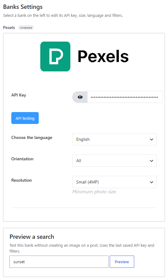 Pexels bank settings