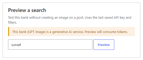 Preview a search box with keyword sunset, Preview button, and AI token warning for GPT Image