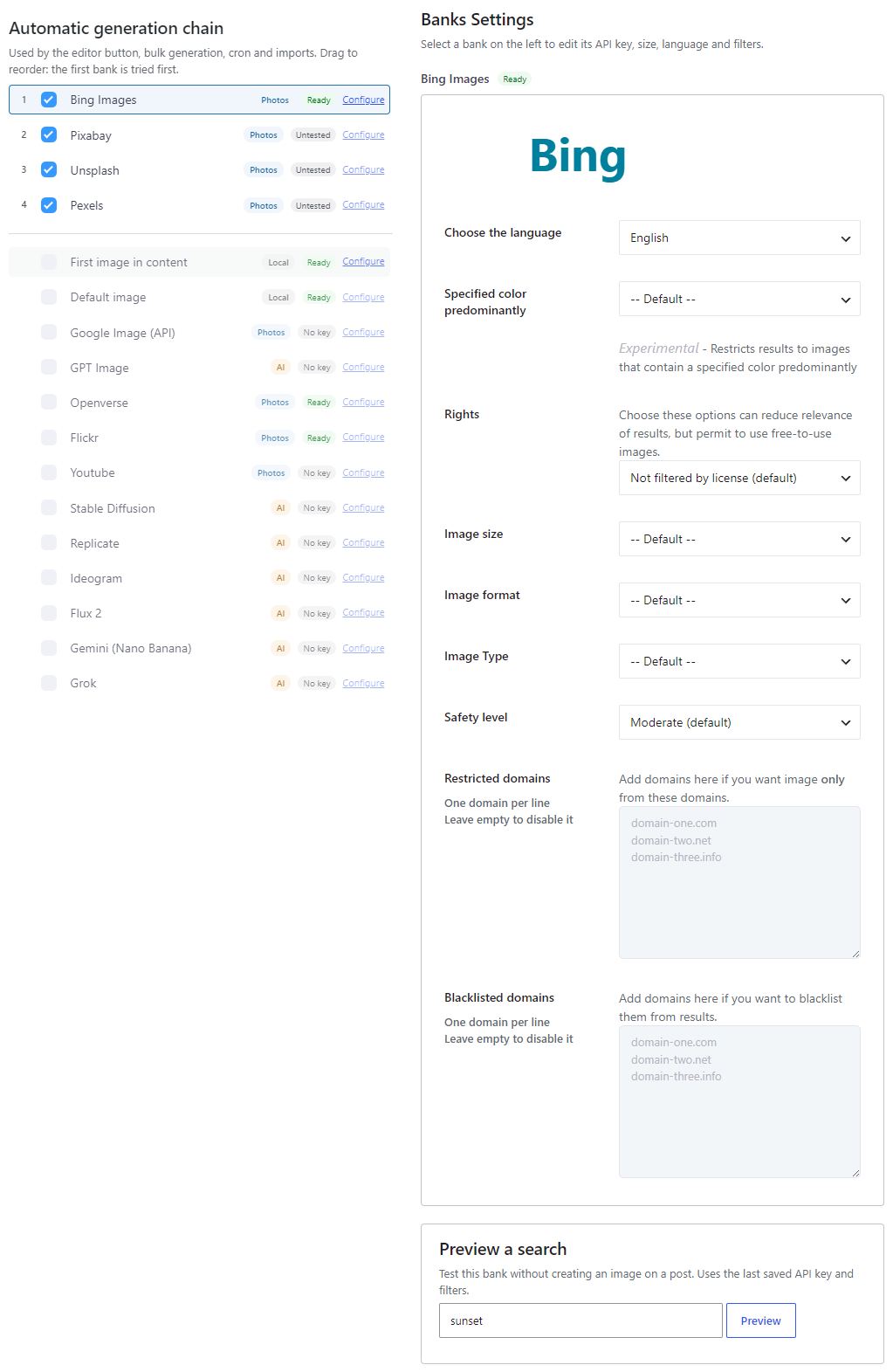 Magic Post Thumbnail Source page with Bing Images selected — Automatic generation chain on the left, Banks Settings and Preview a search on the right